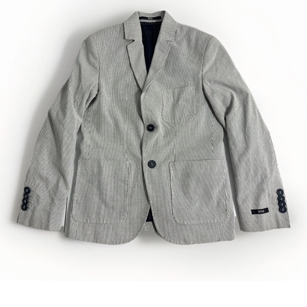 Hugo Boss Boys Sz 8 Two Button Blazer Suit Jacket Pinstripes Designer Gray White